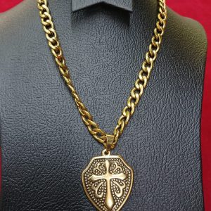 Men's Gold Stainless Steel Cross Shield Pendant Necklace