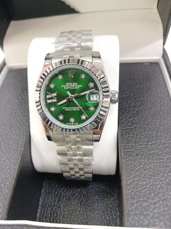 Rolex Oyster Perpetual Date Just Silver Green Diamond Dial Ladies watch