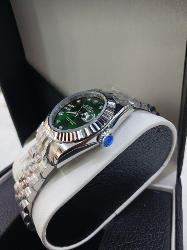 Rolex Oyster Perpetual Date Just Silver Green Diamond Dial Ladies watch - Image 2