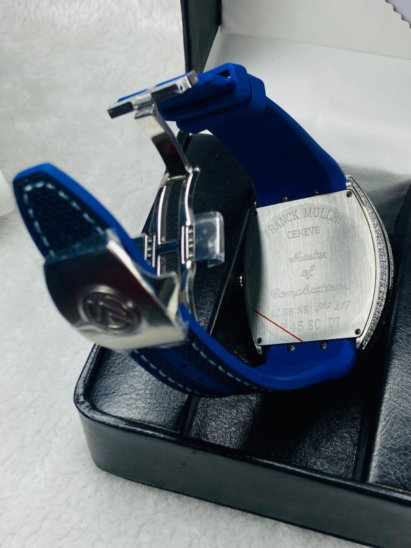 Franck Muller Iced-Out Automatic Blue Dial Watch – 30M Water Resistant, Leather Strap - Image 4