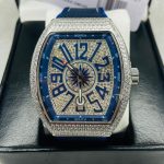 Franck Muller Iced-Out Automatic Blue Dial Watch – 30M Water Resistant, Leather Strap