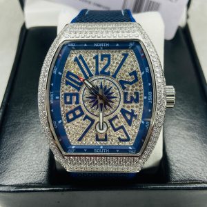 Franck Muller Iced-Out Automatic Blue Dial Watch – 30M Water Resistant, Leather Strap