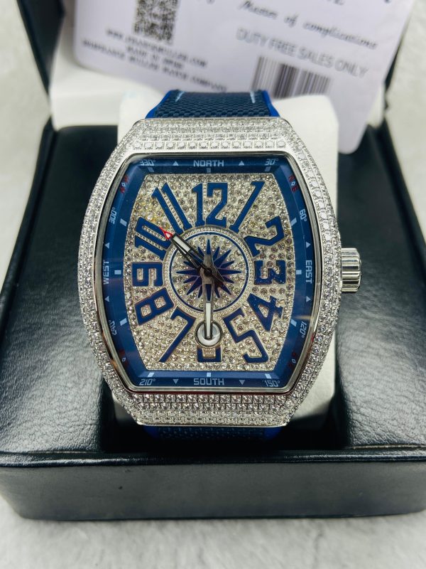 Franck Muller Iced-Out Automatic Blue Dial Watch – 30M Water Resistant, Leather Strap