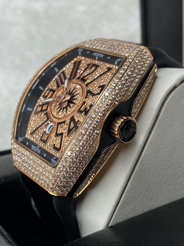 Franck Muller Iced-Out Automatic Rose Gold Watch – 30M Water Resistant, Leather Strap - Image 5