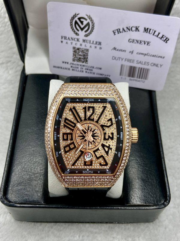 Franck Muller Iced-Out Automatic Rose Gold Watch – 30M Water Resistant, Leather Strap