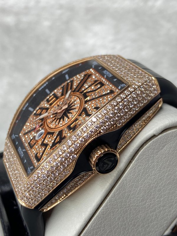 Franck Muller Iced-Out Automatic Rose Gold Watch – 30M Water Resistant, Leather Strap - Image 2