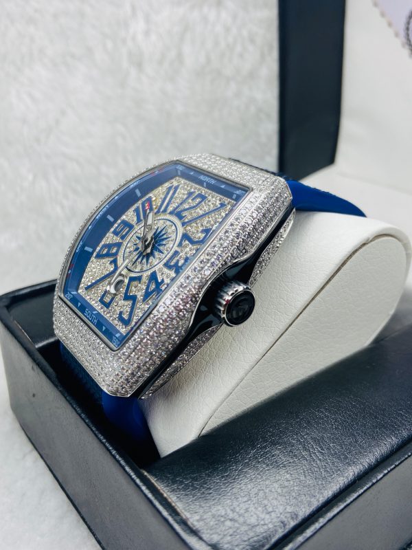 Franck Muller Iced-Out Automatic Blue Dial Watch – 30M Water Resistant, Leather Strap - Image 2