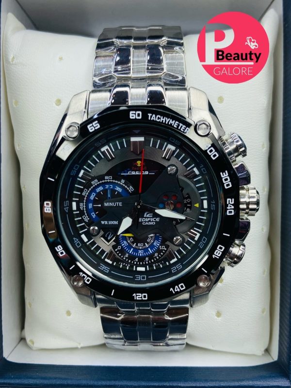Casio Edifice Chronograph – Stainless Steel, Blue Details, 100M Water Resistant