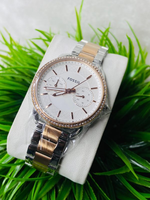 Fossil Women's Rose Gold & Silver Crystal Bezel Multifunction Stainless Steel Watch – Elegant Day-Date Dial - Image 2