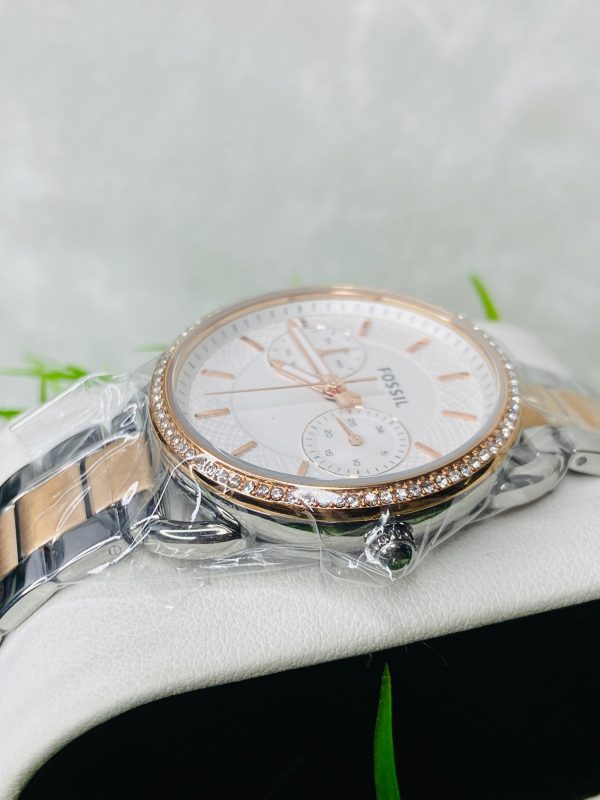 Fossil Women's Rose Gold & Silver Crystal Bezel Multifunction Stainless Steel Watch – Elegant Day-Date Dial