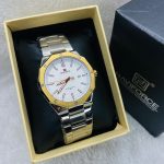 Naviforce Men’s Watch – Gold Bezel, Silver Strap, White Dial, 30M Water Resistant