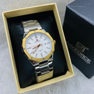 Naviforce Men’s Watch – Gold Bezel, Silver Strap, White Dial, 30M Water Resistant