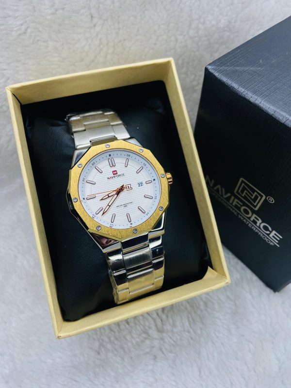 Naviforce Men’s Watch – Gold Bezel, Silver Strap, White Dial, 30M Water Resistant