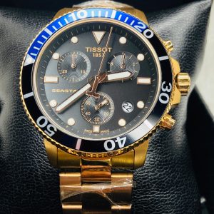 Tissot Seastar Chronograph Men's Watch – Gold Stainless Steel, Black Dial, Blue Bezel, Swiss Quartz