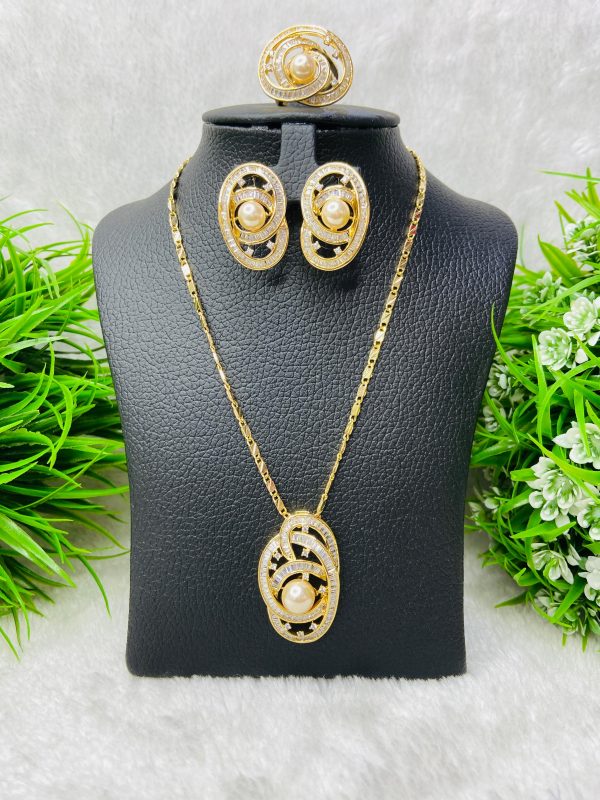 Elegant Gold-Plated Pearl Jewelry Set – Necklace, Earrings & Ring for Women